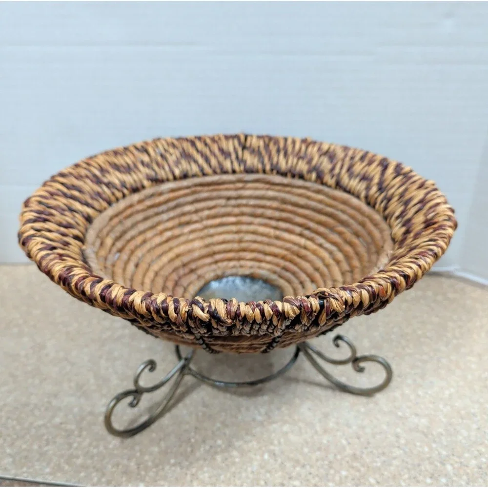 Wicker Woven Metal Pedestal Fruit Bowl Planter Storage Display Boho Large 12”